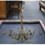 A Louis XV style gilt brass acanthus decorated five branch chandelier, drop 77cm diameter 80cm