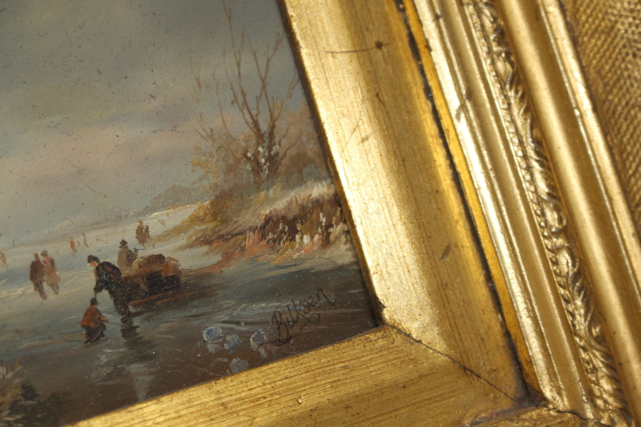 Modern 17th century Dutch style, oil on panel, Winter scene, 19 x 24cm, ornate gilt frame Condition: - Image 2 of 3