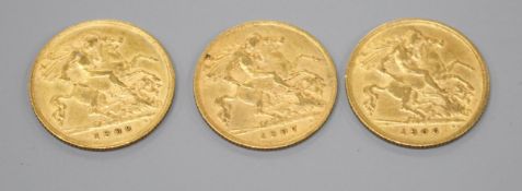 Three Edward VII gold half sovereigns, 1906, 1907 & 1908.