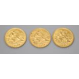 Three Edward VII gold half sovereigns, 1906, 1907 & 1908.