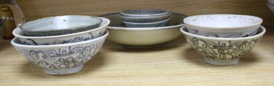 A group of Chinese and Sawankhalok blue and white ceramic bowls and dishes (10) Condition:- 25cm