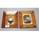 A Victorian painted ivory miniature portrait of a seated lady, 12 x 9cm, maple framed, and a