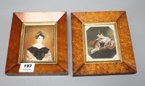 A Victorian painted ivory miniature portrait of a seated lady, 12 x 9cm, maple framed, and a