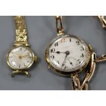 A lady's 1930's? J.W. Benson 9ct gold manual wind wrist watch, on yellow metal flexible strap and