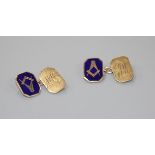 A pair of 1960's 9ct gold and enamel masonic cufflinks, with engraved monograms, 16mm, gross