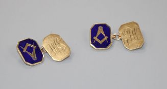 A pair of 1960's 9ct gold and enamel masonic cufflinks, with engraved monograms, 16mm, gross