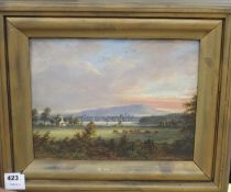 J. Duncan, oil on mahogany panel, City viewed from pastoral land, signed, 25 x 32cm Condition: