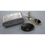 A George IV silver pepperette, a continental repousse white metal trinket box, a tortoiseshell