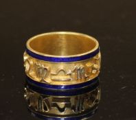 A late Victorian 18ct gold and blue enamel band, decorated with the signs of the Zodiac, Chester,