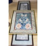 A Chinese silkwork double sleeve panel, 77 x 18cm overall, a smaller floral panel, 61 x 11cm and