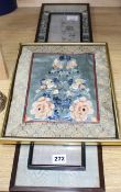 A Chinese silkwork double sleeve panel, 77 x 18cm overall, a smaller floral panel, 61 x 11cm and