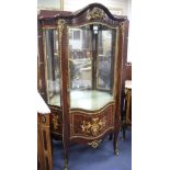 A Meuble Francais marquetry inlaid serpentine vitrine, W.94cm D.40cm H.180cm Condition: Very good