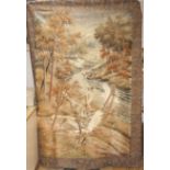 A 20th century Japanese silk panel, depicting wolves hunting geese beside a woodland stream, the