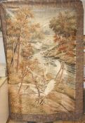 A 20th century Japanese silk panel, depicting wolves hunting geese beside a woodland stream, the