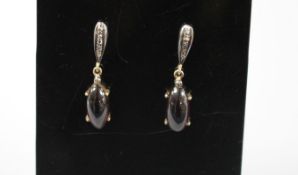 A pair of Victorian style 18k and 925, cabochon garnet and rose cut diamond set drop earrings, 31mm,