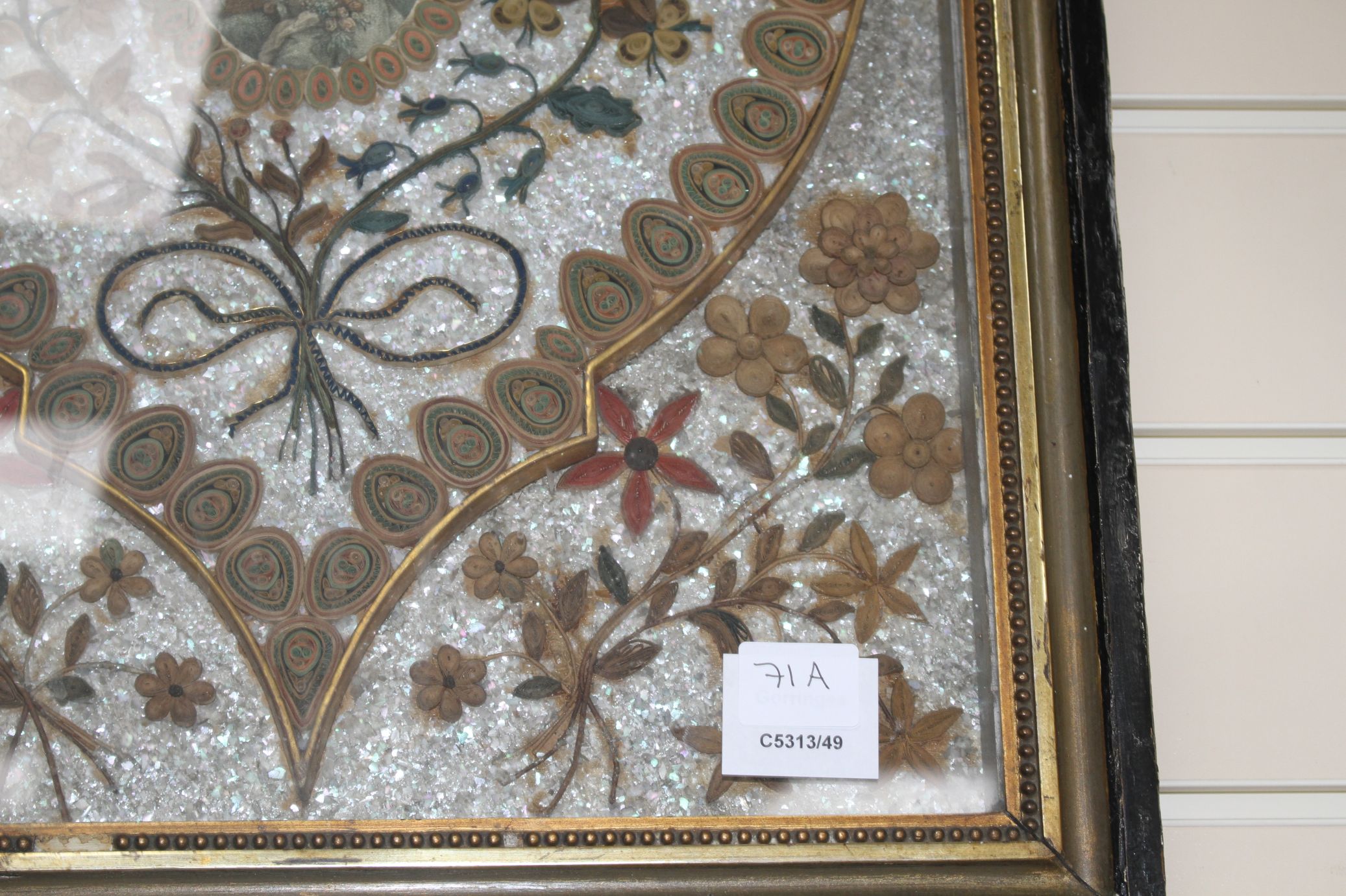 An early 19th century paper scroll work panel, formed with a printed miniature within a floral - Image 2 of 6