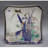 A Japanese Arita squared porcelain dish, decorated with water plants and a Kingfisher, signed, 31
