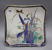 A Japanese Arita squared porcelain dish, decorated with water plants and a Kingfisher, signed, 31