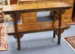 A pair of Chinese softwood bench seats, W.125cm D.33cm H.42cm Condition: Of even matching mid