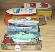 A boxed Sutcliffe model tinplate clockwork nautilus submarine, a boxed Scalex Hunter motor gun