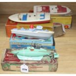 A boxed Sutcliffe model tinplate clockwork nautilus submarine, a boxed Scalex Hunter motor gun