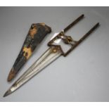 An Indian dagger katar, 17th century, finely watered steel blade 26cms gold inlaid at the root, iron