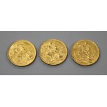 Three early 20th century gold full sovereigns, 1910,1911 & 1912.