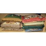 Seven antique / antique fabric cushions Condition:- pair of floral tapestry panel cushions with