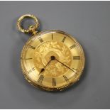 A late 19th/early 20th century continental engraved 18k fob watch, diameter 37mm, gross weight 36.