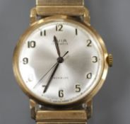 A gentleman's 1960's 9ct gold Avia manual wind wrist watch, on a gold plated strap, with Avia box.