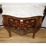A Meuble Francais marquetry inlaid bombe commode, W.88cm D.40cm H.82cm Condition: Very good