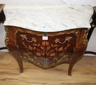 A Meuble Francais marquetry inlaid bombe commode, W.88cm D.40cm H.82cm Condition: Very good