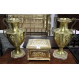 An ornate Italian gilt metal casket, 29cm and a pair of gilt metal vases on onyx plinths, height