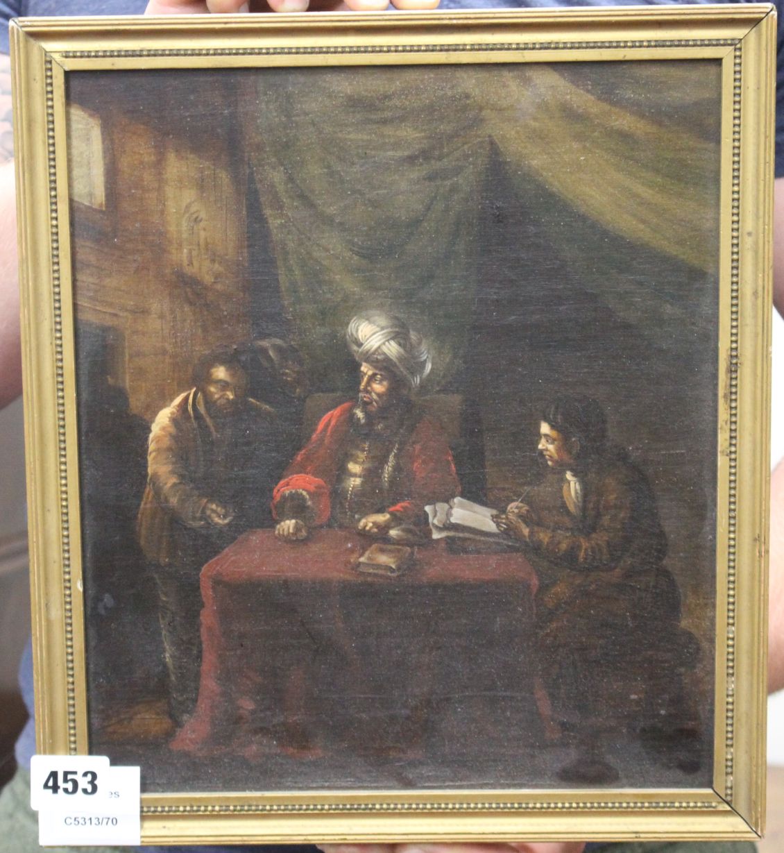 19th century Continental School, oil on board, Turkish money lender, 28 x 25cm Condition: A little