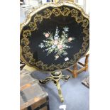 A Meuble Francais floral painted ebonised tripod table, with gilt decoration, W.80cm H.70cm