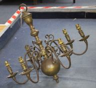 A 17th century style Dutch design brass six branch chandelier, drop 58cm, diameter 62cm Condition: A