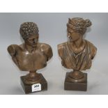 A pair of bronzed resin busts of Diana and Apollo, on integral bases, height 30cm Condition: Small