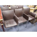 A set of six contemporary brown leather dining chairs, on squared steel underframes, including a