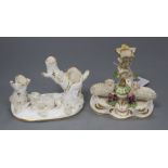 A Staffordshire porcelain 'sheep' inkstand and an Alcock type 'sheep' posy vase, c.1830-40, the