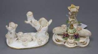 A Staffordshire porcelain 'sheep' inkstand and an Alcock type 'sheep' posy vase, c.1830-40, the