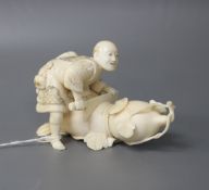 A Japanese Meiji period ivory okimono carved with a man carving a giant gourd, signed, length