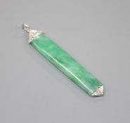 A 1920's style white metal mounted, jade and diamond pendant, overall 38mm, gross weight 1.7
