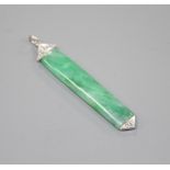 A 1920's style white metal mounted, jade and diamond pendant, overall 38mm, gross weight 1.7