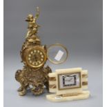 A Bayard two colour onyx mantel timepiece, height 15cm and a gilt metal mantel timepiece, height