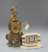 A Bayard two colour onyx mantel timepiece, height 15cm and a gilt metal mantel timepiece, height