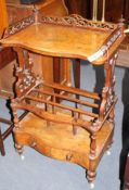 A Victorian walnut whatnot canterbury, with serpentine front and base drawer, W.58cm D.36cm H.97cm