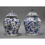 A pair of 19th century Chinese blue and white vases and covers, decorated with birds and flowers,