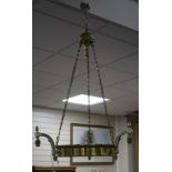 An Edwardian brass light fitting, made for electricity, lacking shade, drop 94cm, diameter 56cm