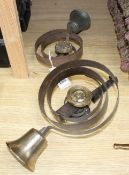 Two antique wrought iron and brass shop bells, height 33cm and 24cm Condition:- larger bell possibly