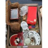 A box of items including Victorian books, a wicker reddy sofa and a Snoop watermelon money box c.